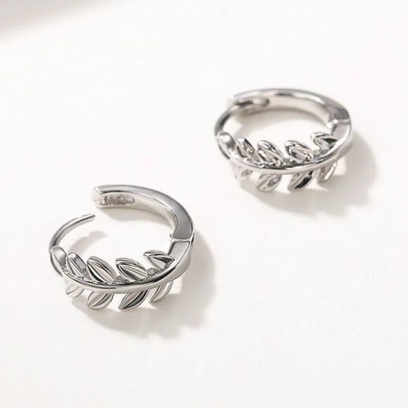 Silver Leaf Hoop Earrings - Picture 6 of 7